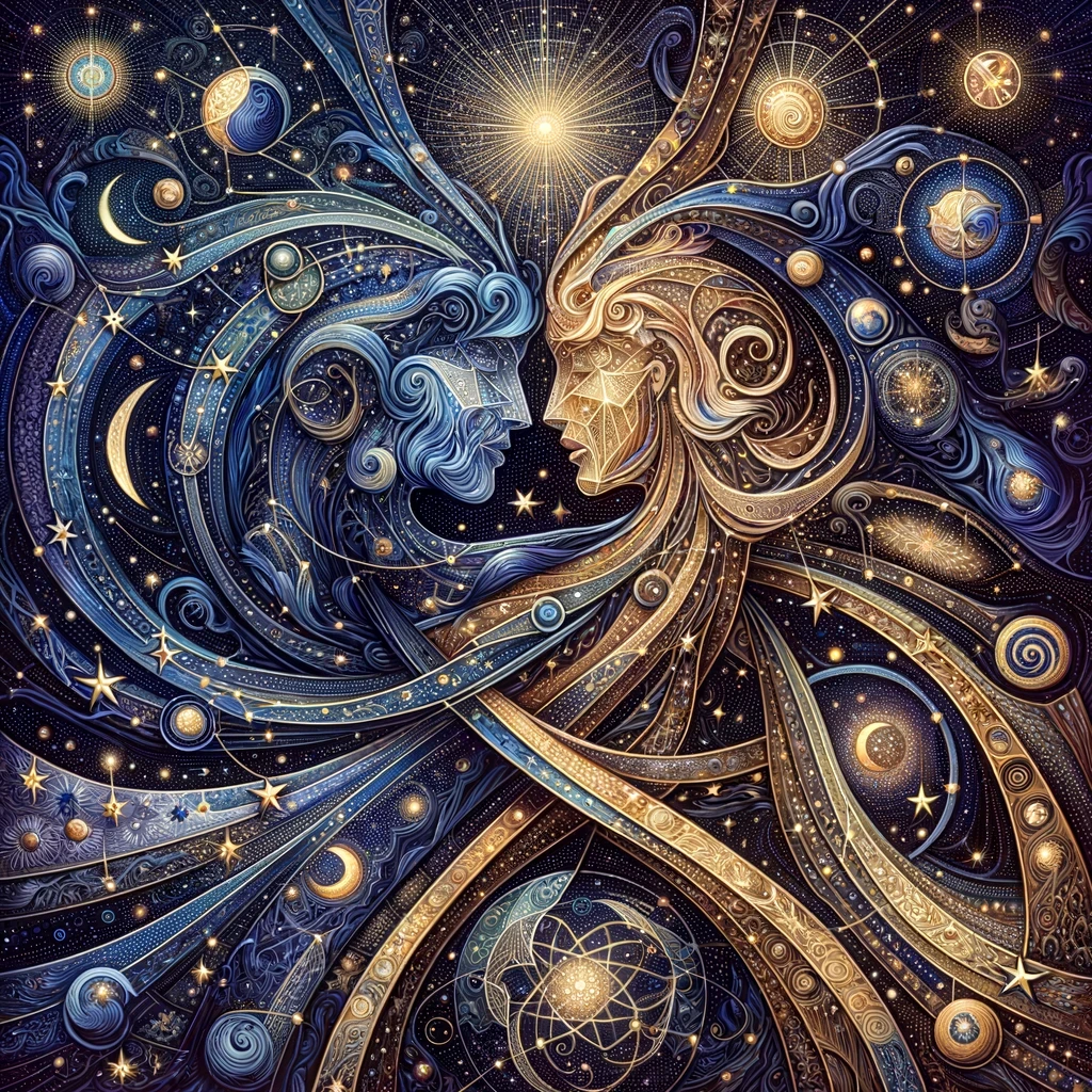 An image of a shimmering, celestial tapestry woven from constellations and astrological symbols, depicting the interconnectedness of two souls