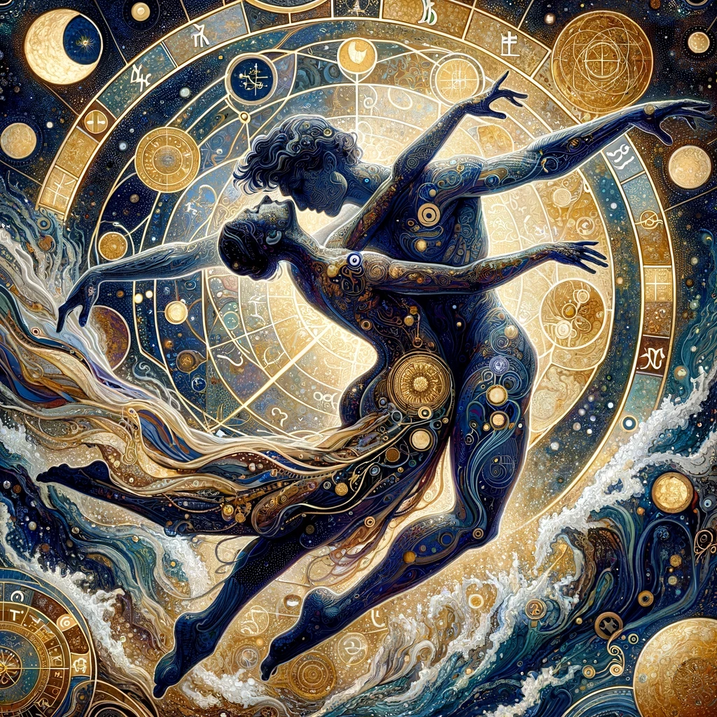 A cosmic dance of two figures, their movements mirroring the planetary alignments in their natal charts