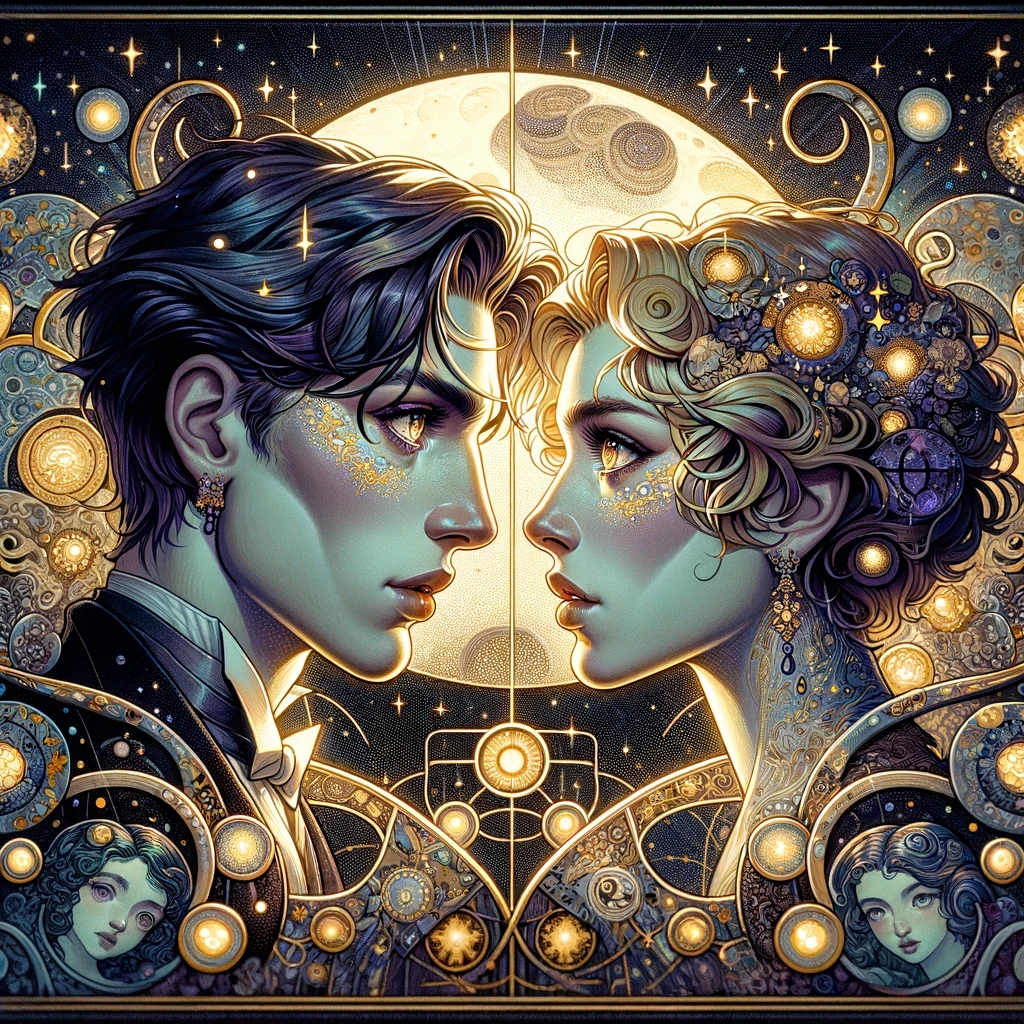depicting two Geminis gazing into each other's eyes under a moonlit sky, surrounded by twinkling stars