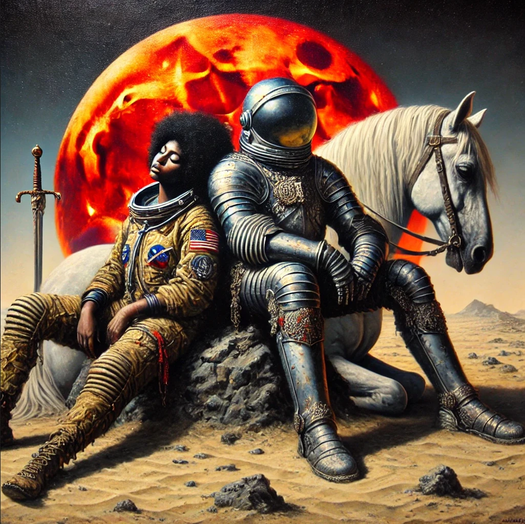 A tired astronaut in a colored spacesuit sits on the sand. A knight in armor on a horse next to the astronaut