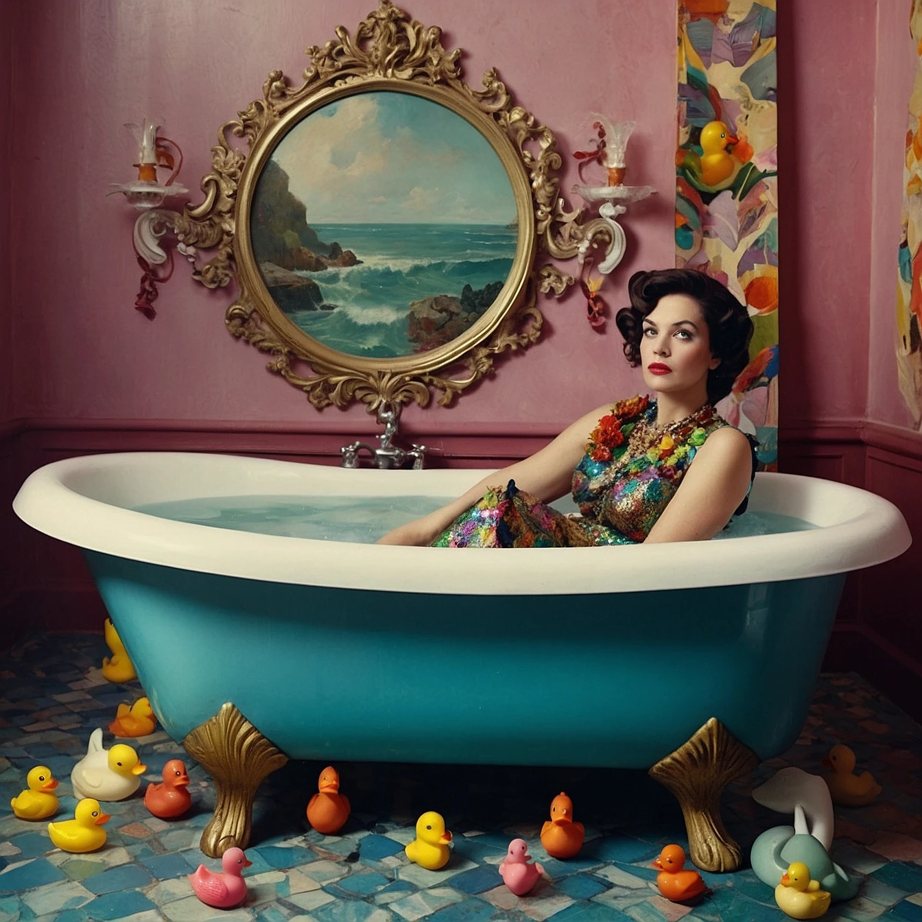 mermaid woman sits on a worn-out bathtub
