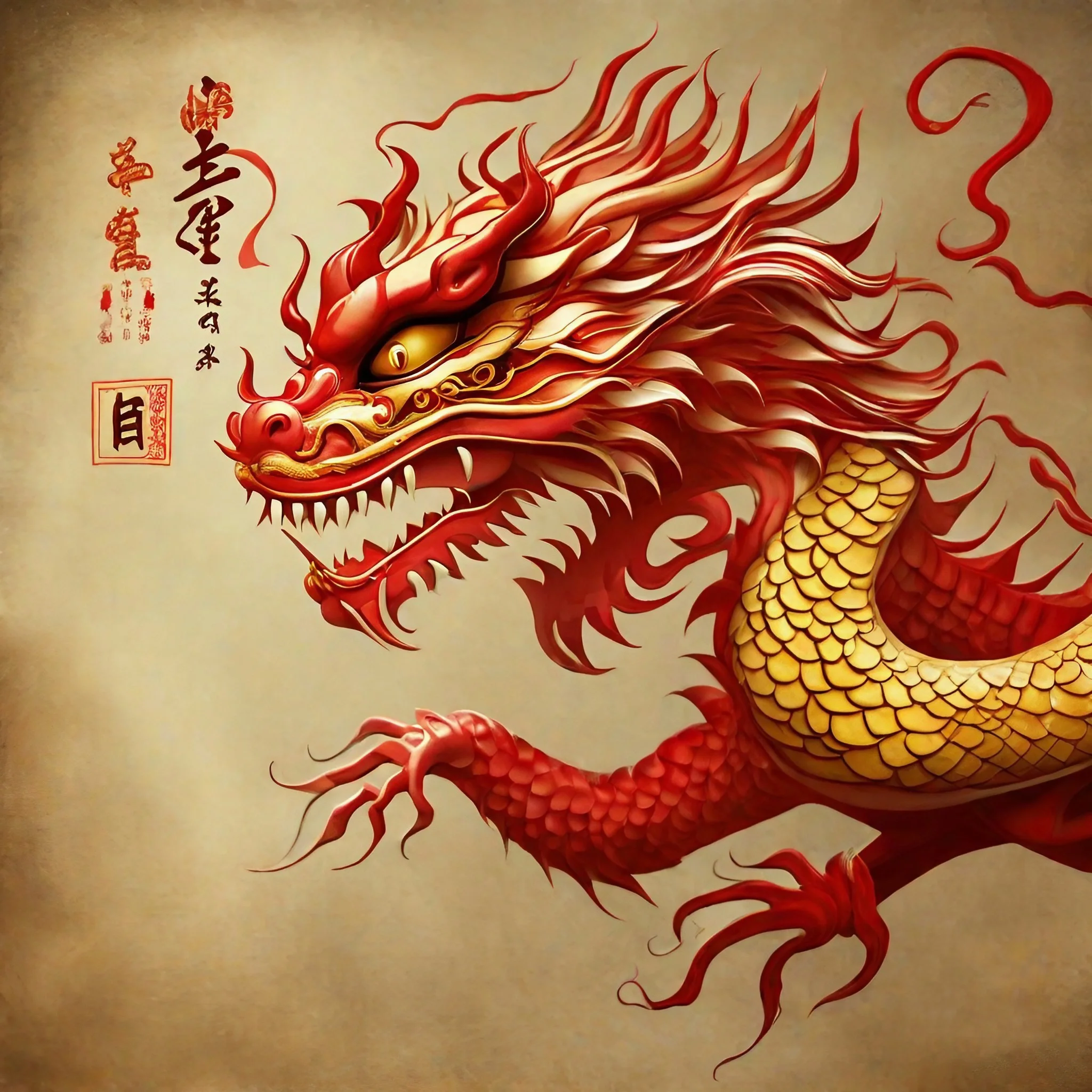 Red and gold dragon, a representation of the year 2024 of the dragon in the Chinese zodiac