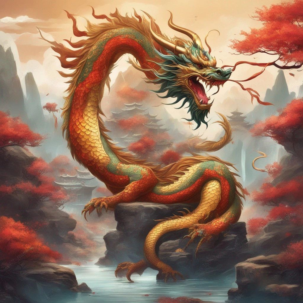 A red and green dragon sitting on a rock in a river, a colorful illustration of a Chinese dragon