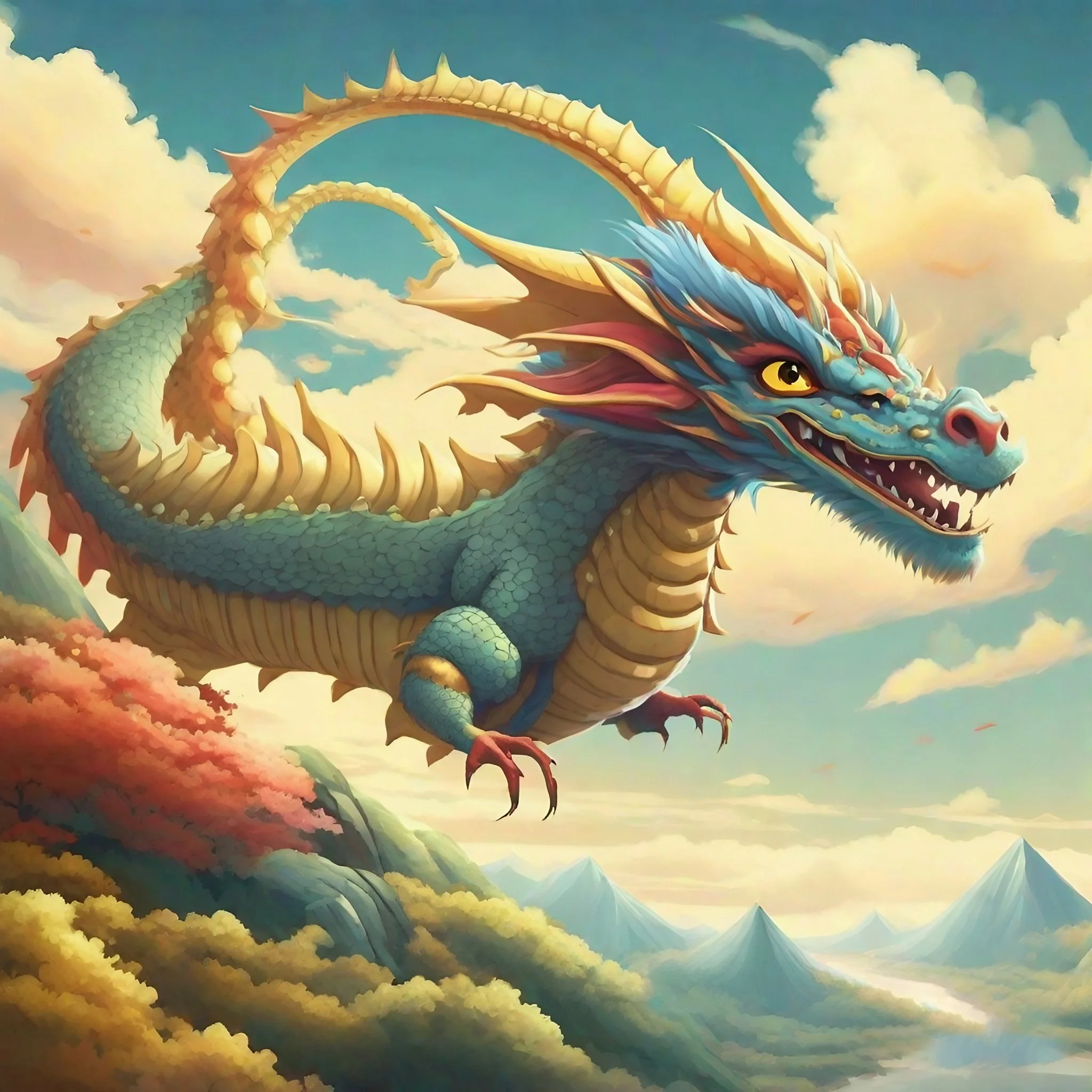 Colorful dragon flying in the sky, a symbol of strength, power, and good luck in Chinese culture