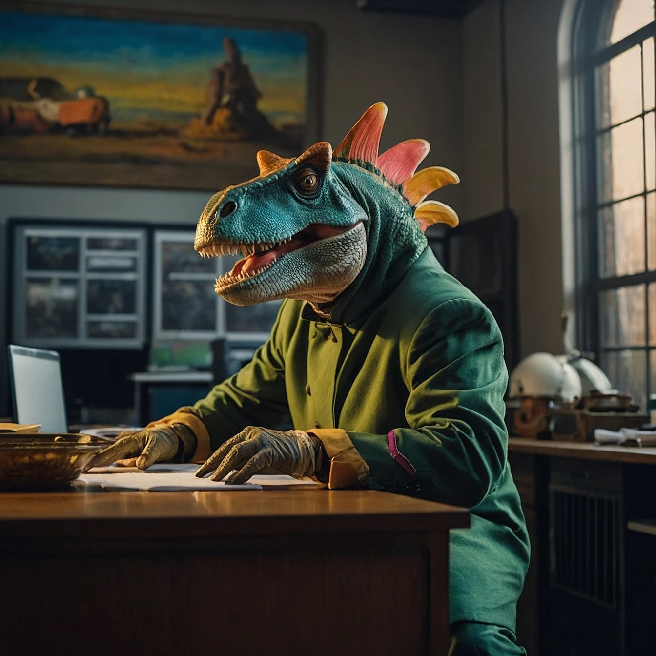 animator in a dinosaur costume