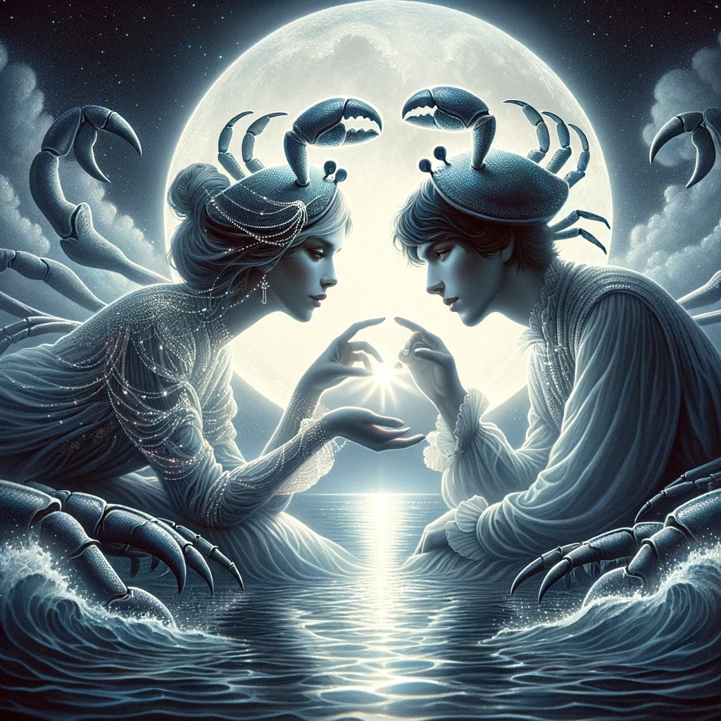 two Cancers gazing into each other's eyes under a moonlit sky, shimmering water reflecting their emotions, representing deep connection and intuitive understanding.