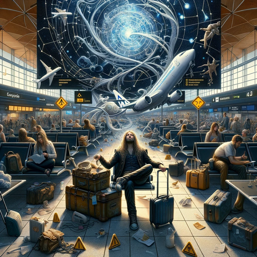 Aquarius character calmly unraveling a tangled flight schedule amidst a bustling airport lounge filled with constellations and warning signs