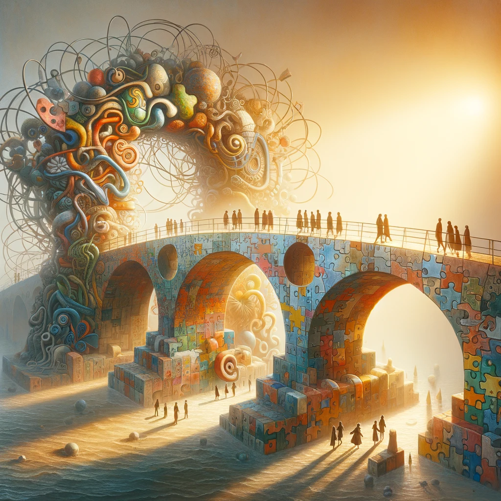A bridge made of mismatched puzzle pieces, some cracked and worn