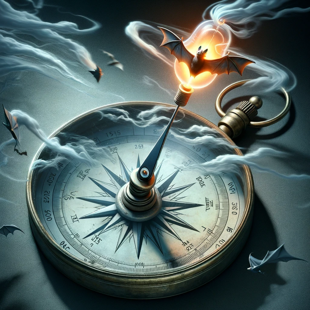 compass needle transforming into a miniature bat, drawn towards a pulsating energy source