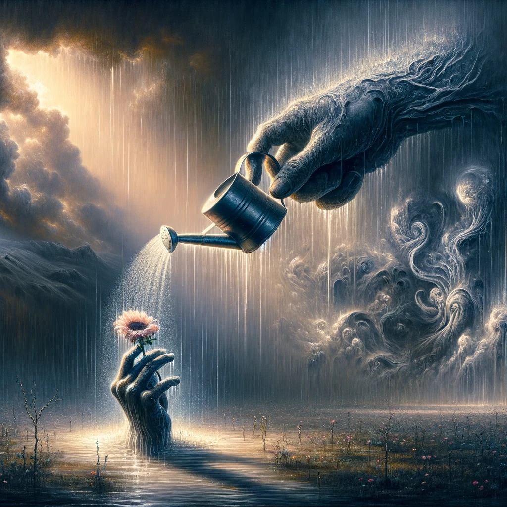 a nurturing hand holding a watering can, pouring water onto a wilting flower