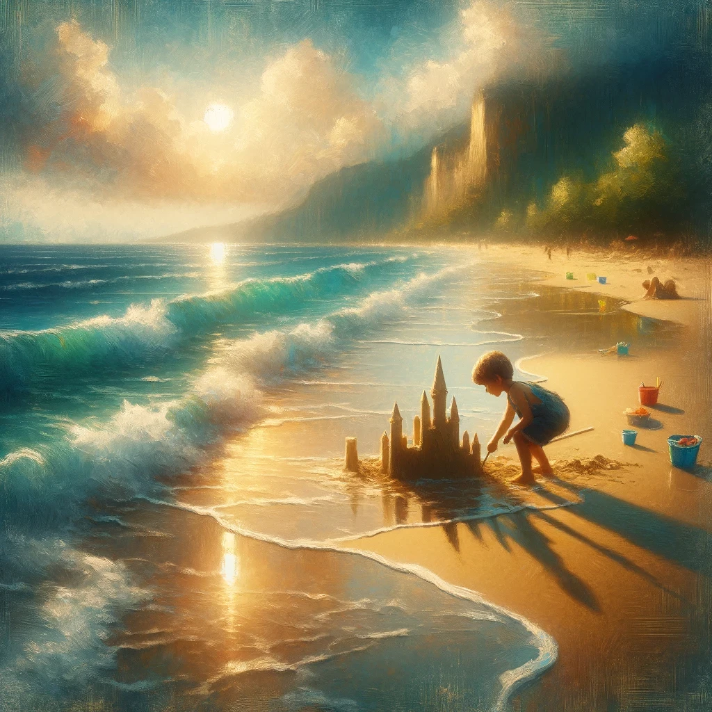 a child building a sandcastle on a beach, with the gentle waves lapping at the shore