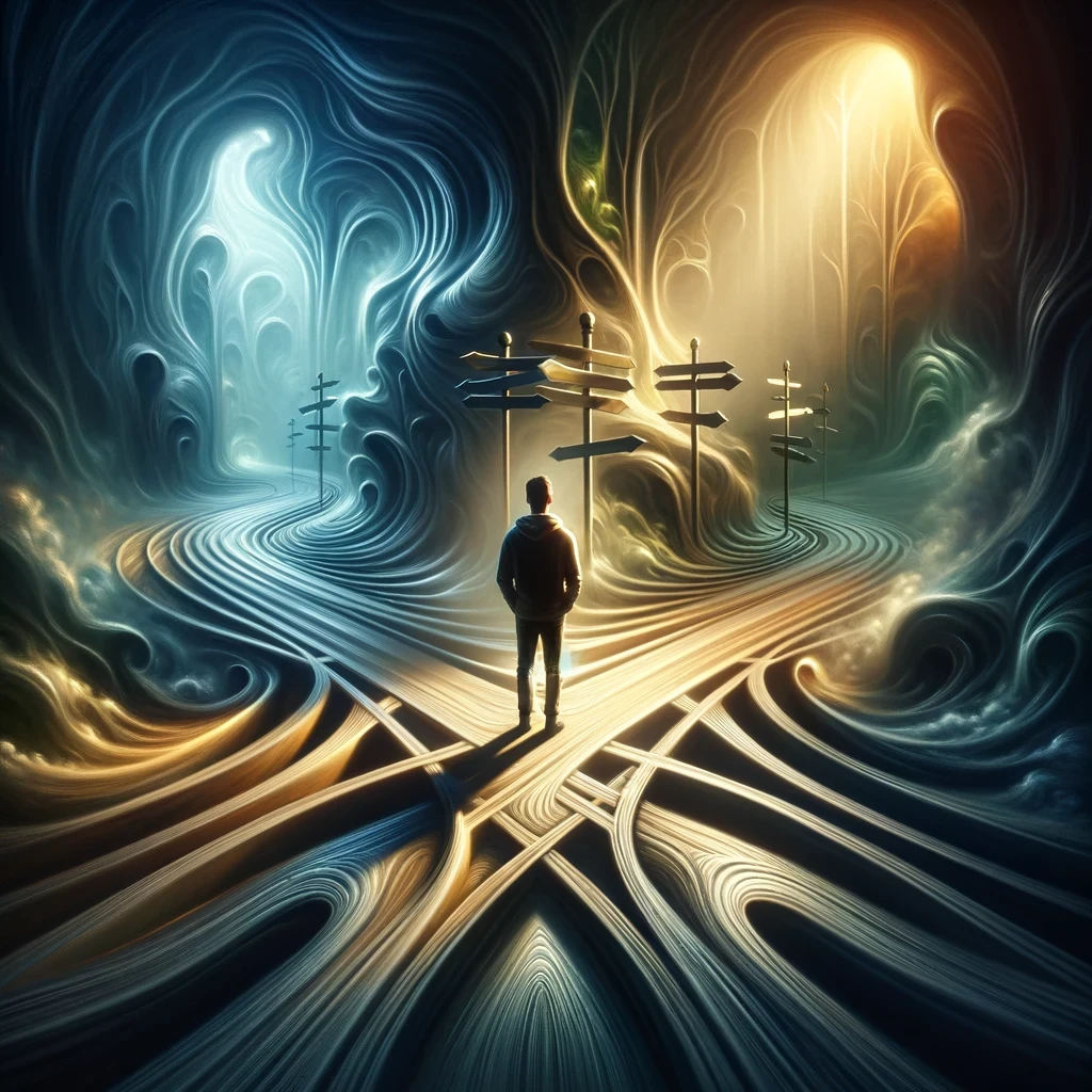 standing at a crossroads, with paths leading in different directions, encapsulating the theme of choices and possibilities