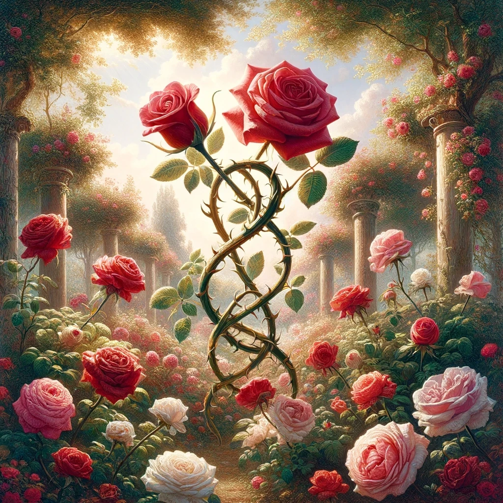 a rose garden in full bloom, featuring two entwined rose stems representing different zodiac signs