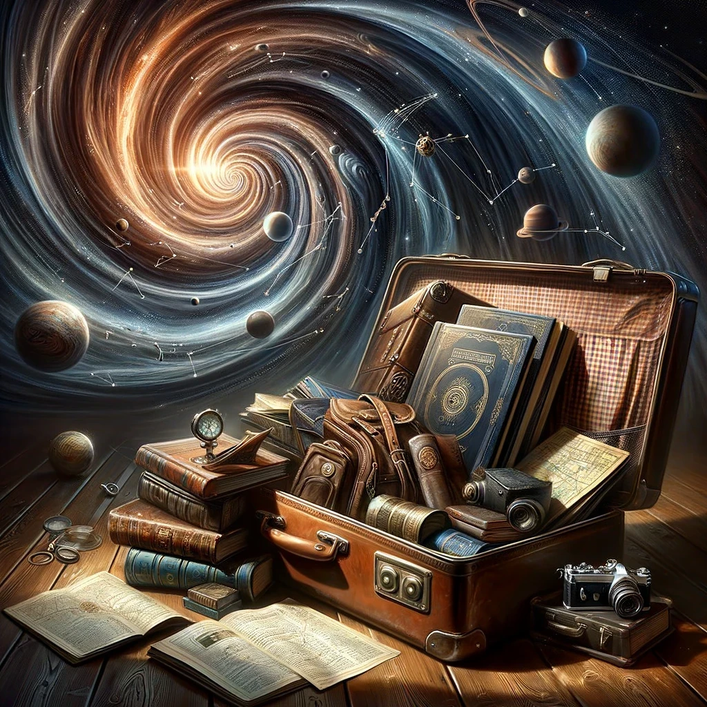 a suitcase overflowing with books, maps, and travel gear, with a swirling vortex of planets and constellations in the background