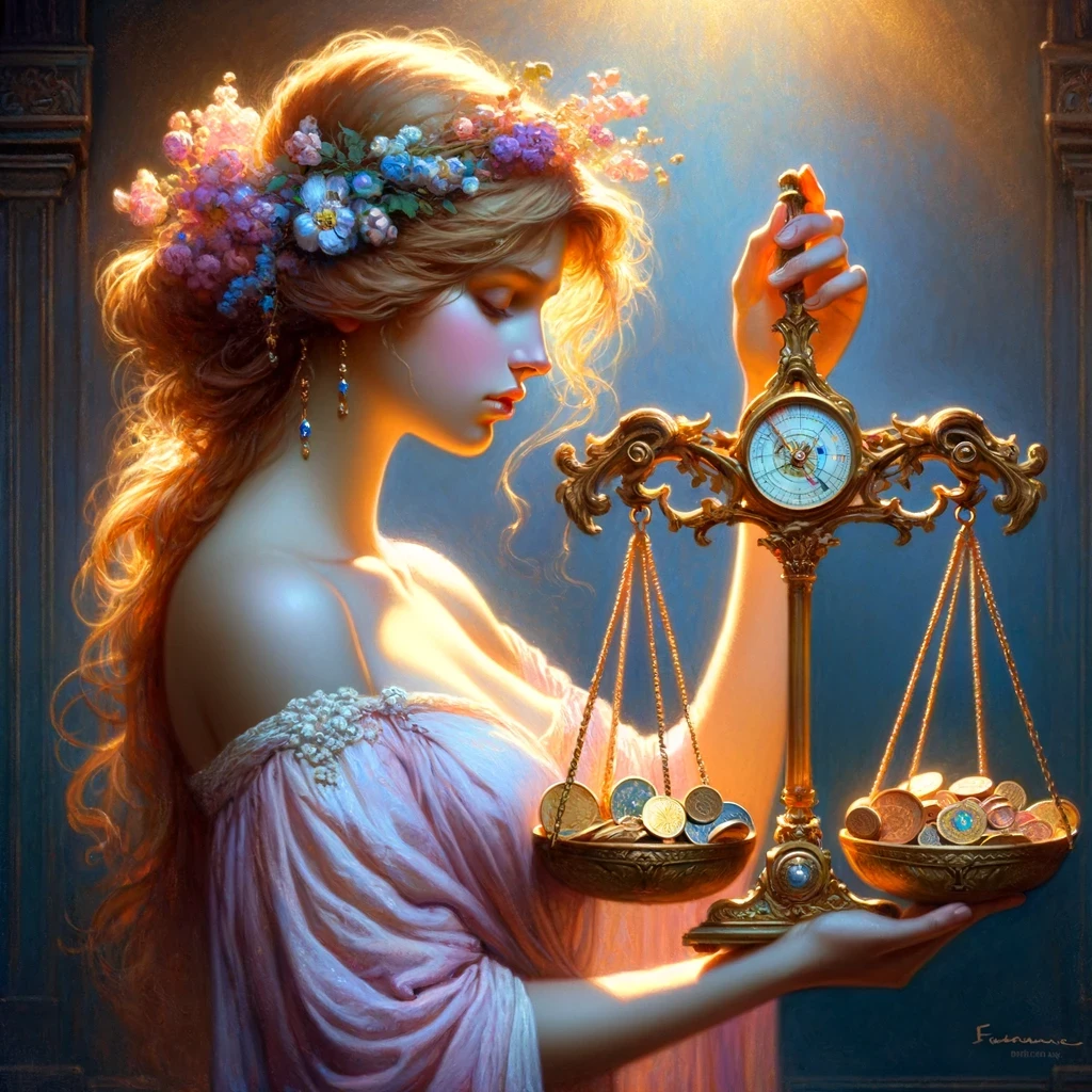 a serene woman holding a scale balanced with coins and jewels, representing the Venus transit in Libra and balanced financial decisions.