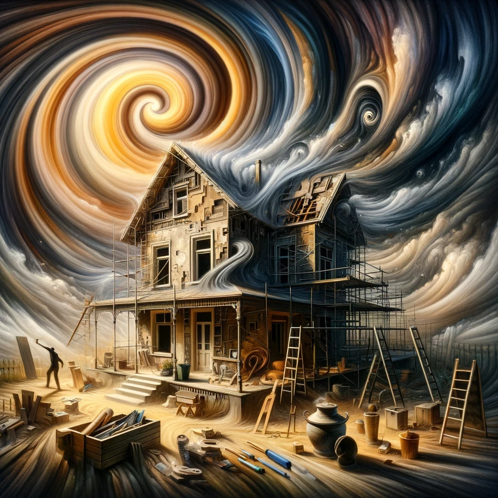 A house undergoing renovations, with a swirling vortex of change above