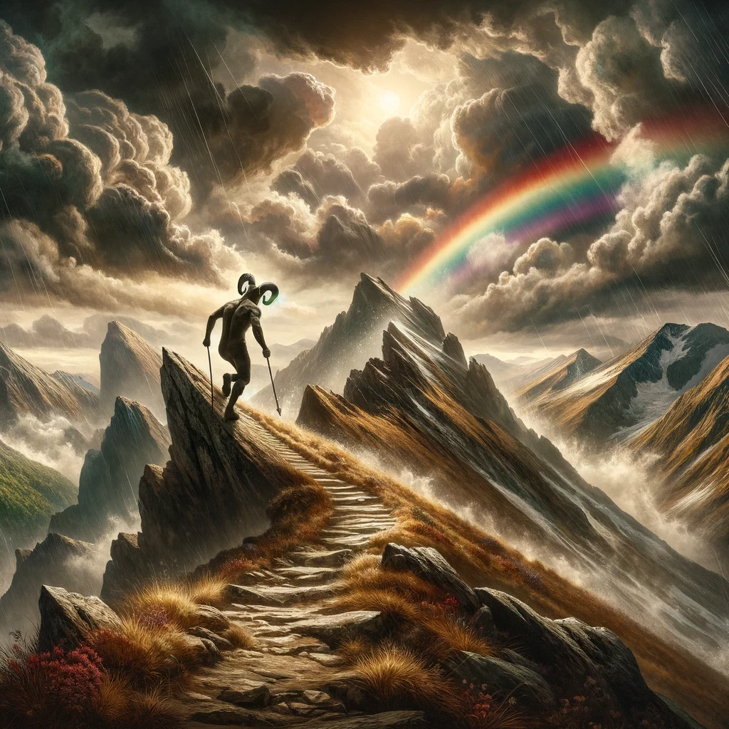 Aries zodiac sign, climbing a mountain path, facing a stormy sky with a rainbow ahead