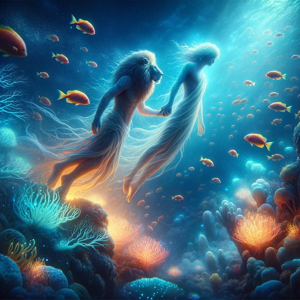 depicting a dreamy underwater scene with two figures, one representing Leo, gently floating hand-in-hand amidst schools of fish and glowing coral