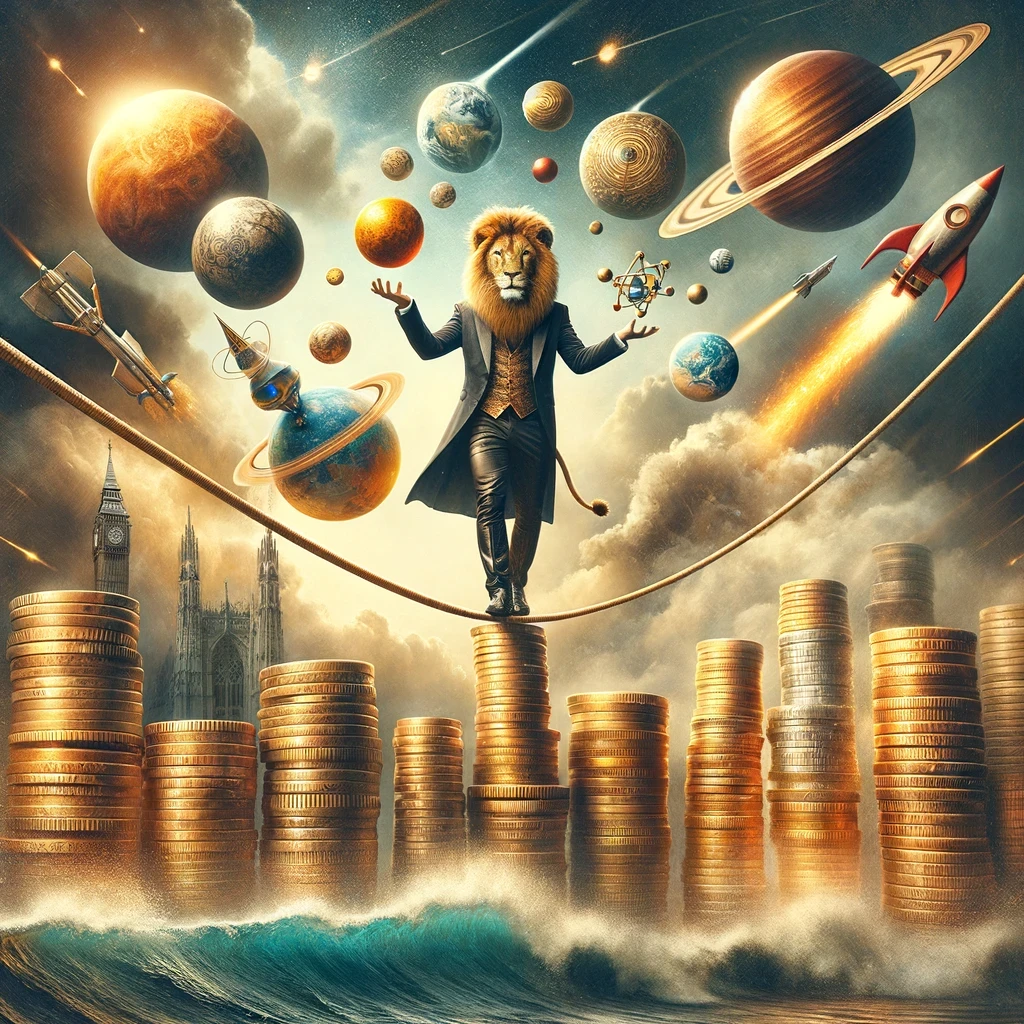 a surreal collage of a lion tamer balancing on a tightrope of gold coins, juggling planets and rockets, with a storm raging below