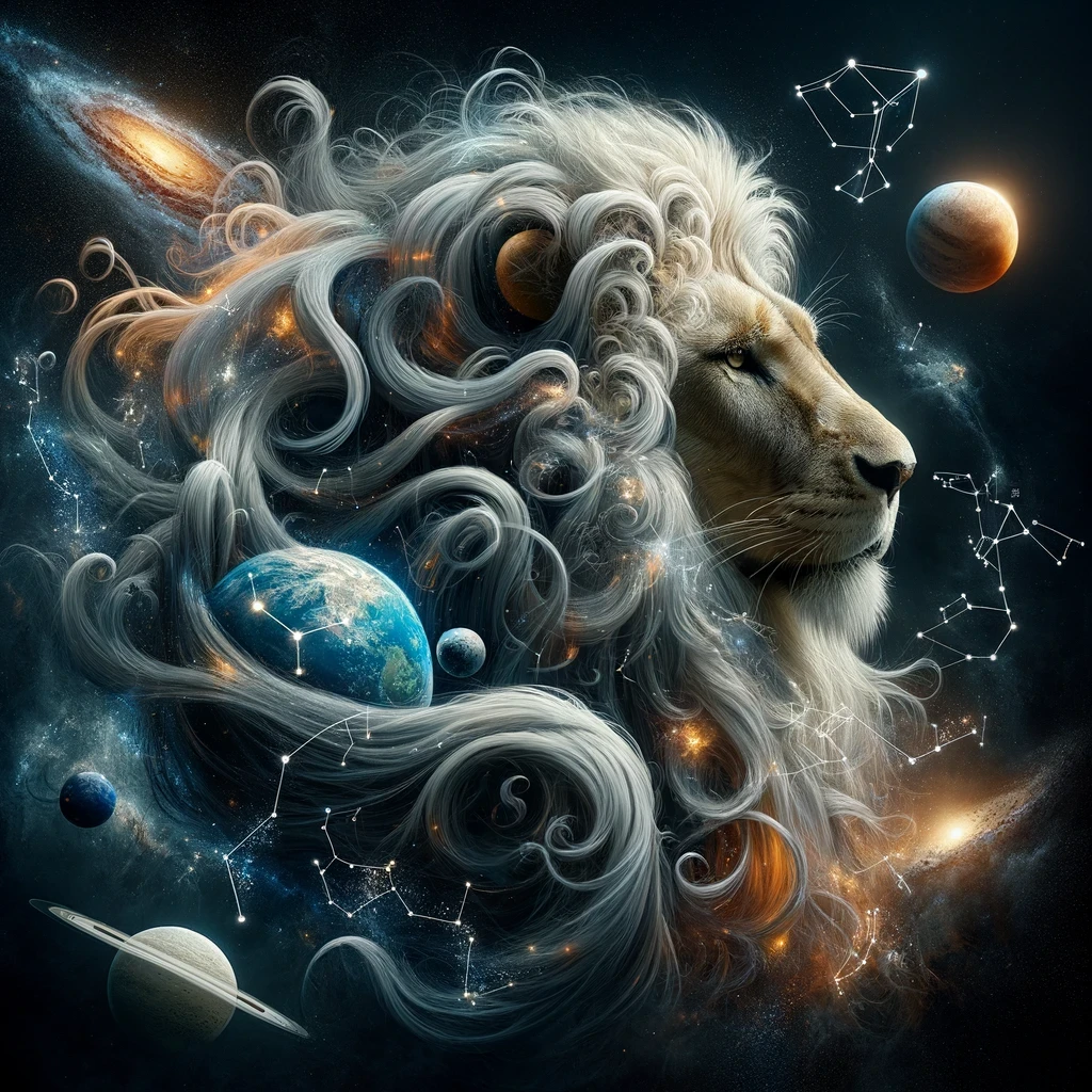 surreal still life of a lion's mane intertwined with constellations and planets
