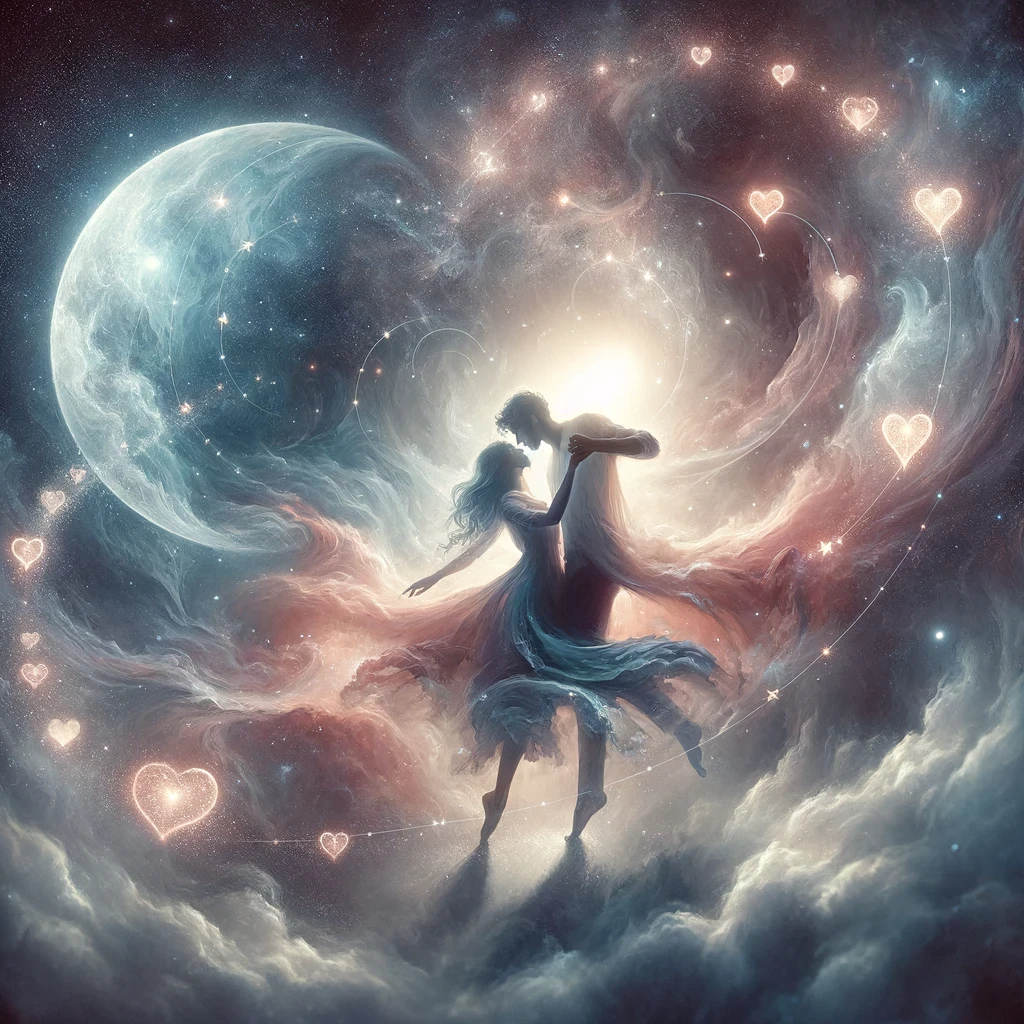 a Leo couple dancing gracefully among a swirling nebula of stars and hearts, enveloped in soft moonlight