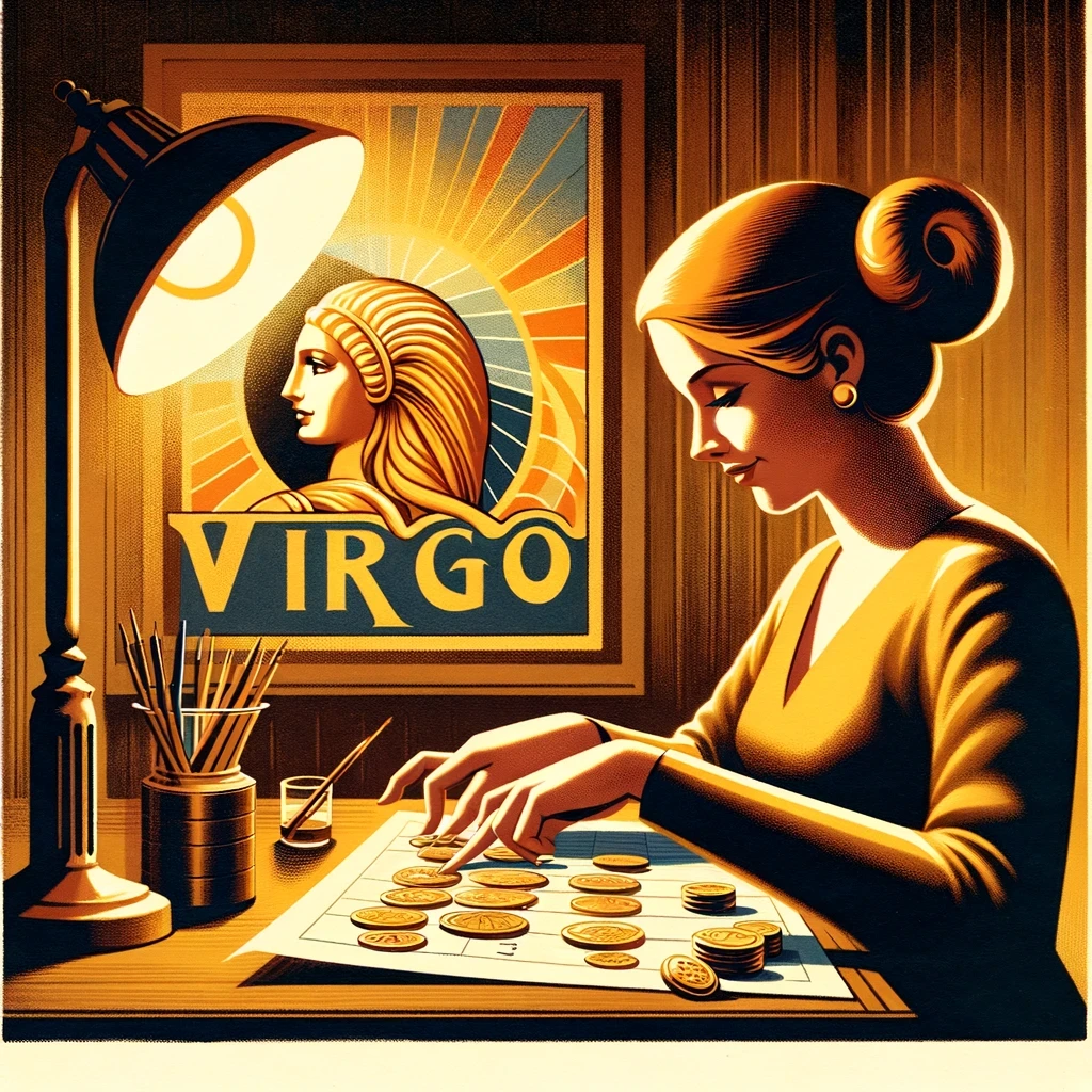 vintage bank advertisement with a serene Virgo character calmly counting coins under a warm, inviting light
