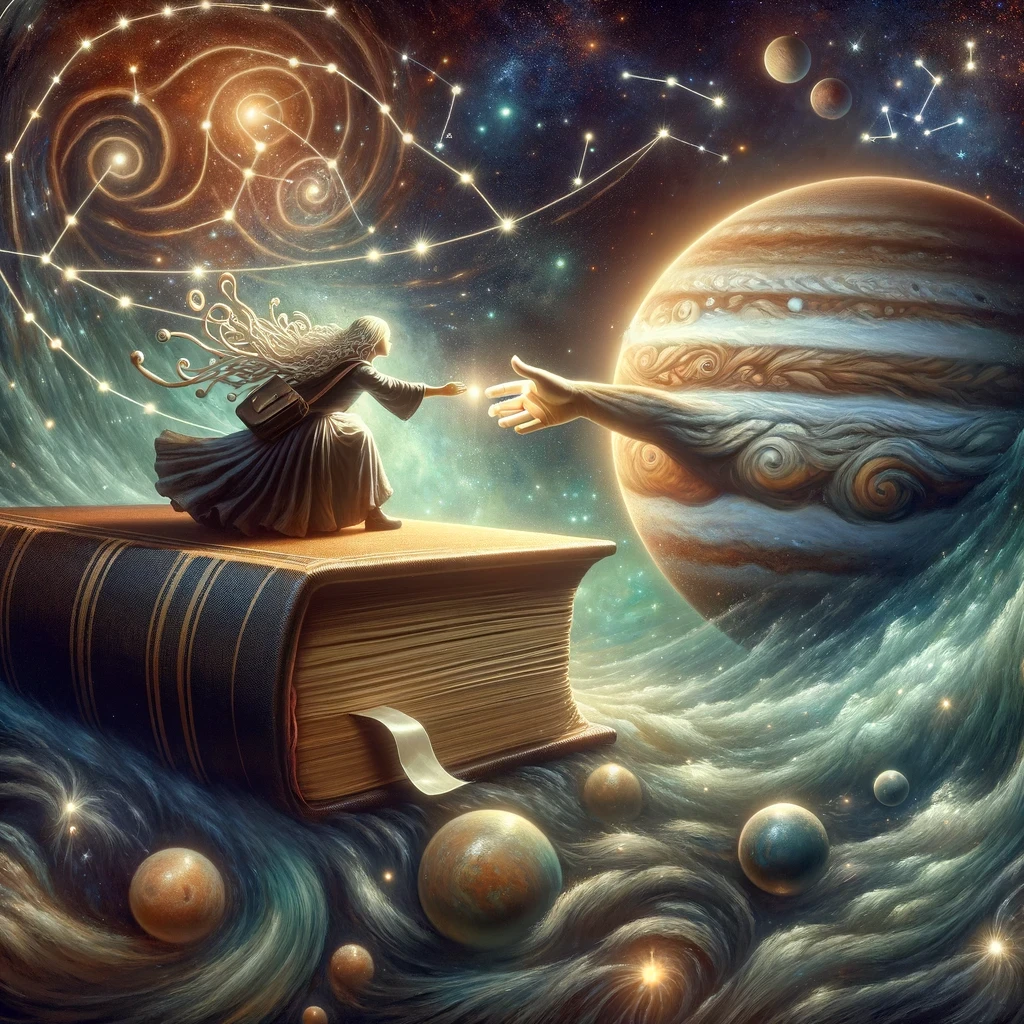 Libra character perched on a giant book amidst swirling constellations, reaching out to shake hands with a giant planet named 