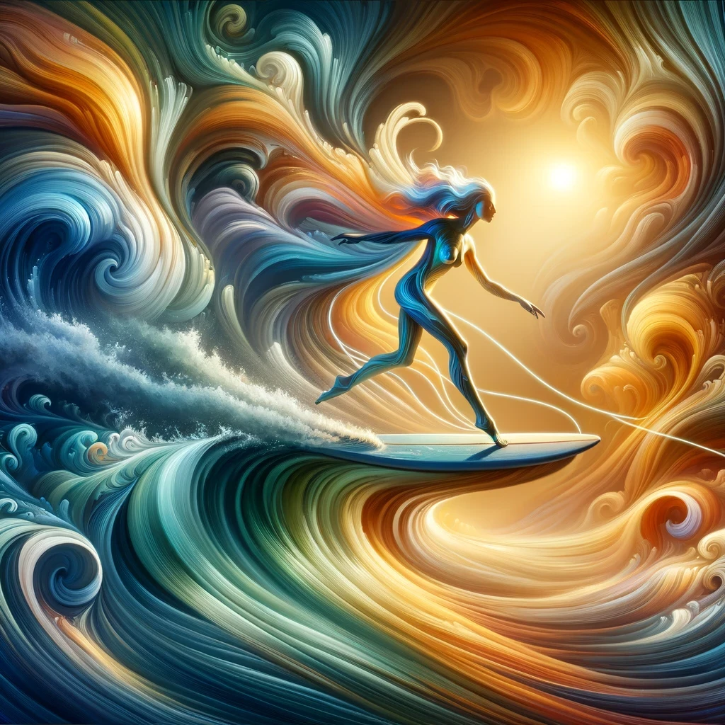 Libra gracefully balancing on a surfboard, gliding through a sea of change represented by swirling colors and shapes