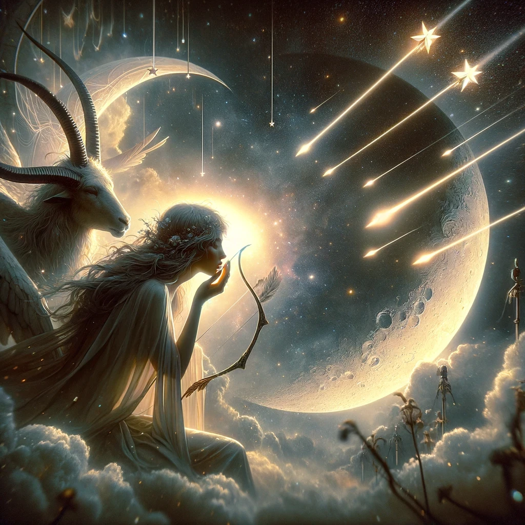 Sagittarius character whispering a wish under a glowing new moon in Sagittarius, surrounded by shooting stars