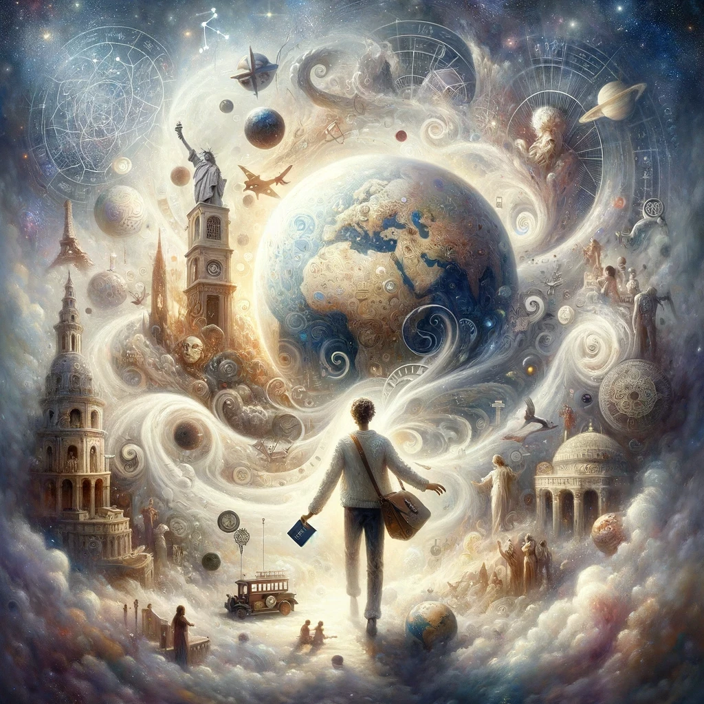 Sagittarius character with a passport in hand, standing amidst a swirling globe filled with diverse landmarks and constellations