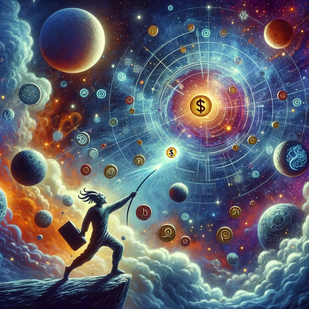 a Sagittarius character throwing a glowing coin into a swirling nebula filled with futuristic financial symbols