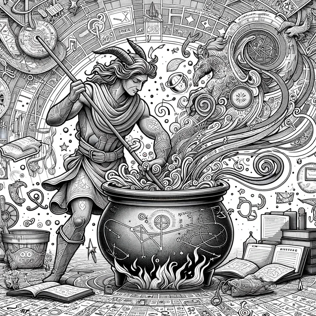 a Sagittarius character stirring a cauldron filled with swirling notes and symbols