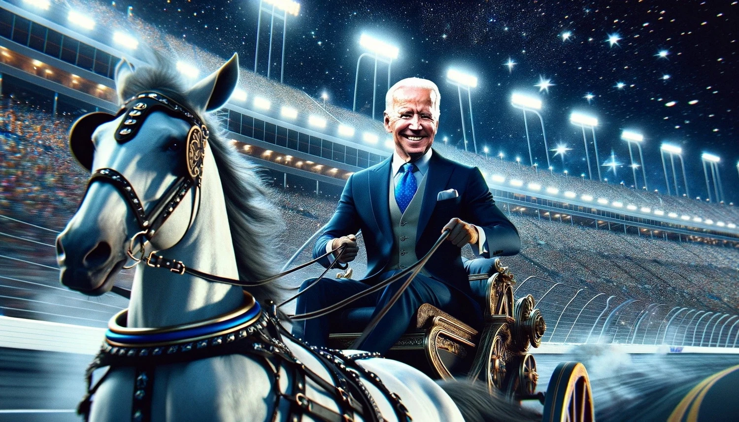 Joe Biden ride chariot on NASCAR stadium