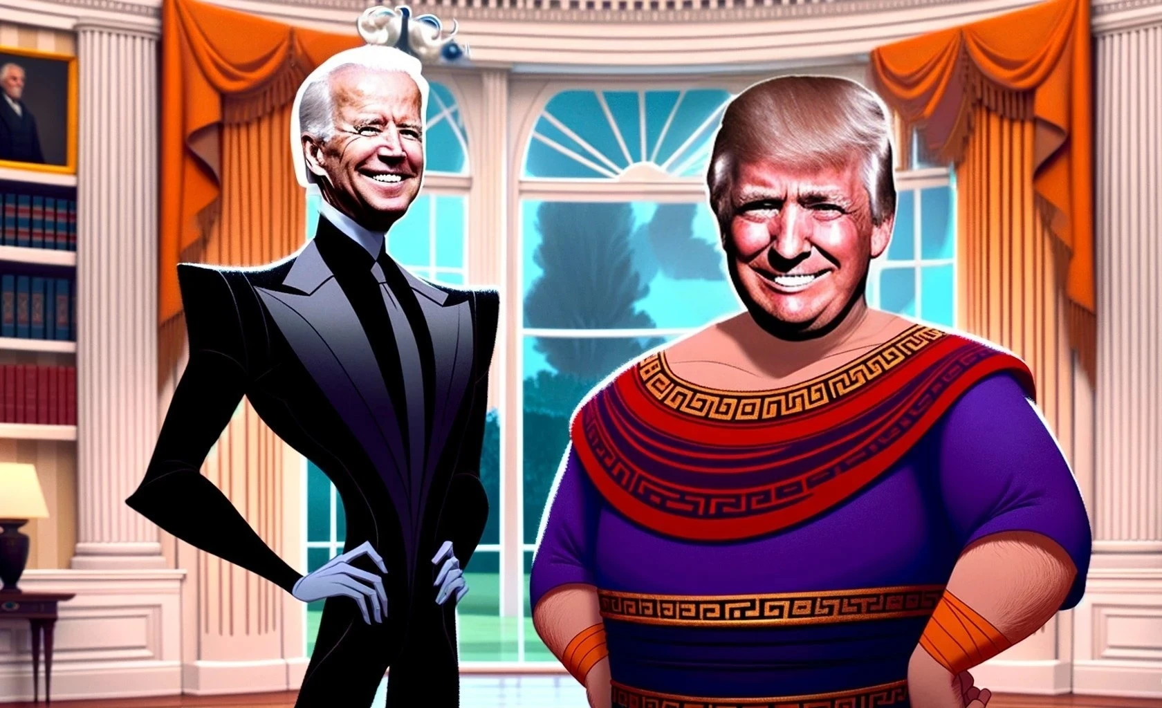 Joe Biden and Donald Trump as animated characters in the Oval Office at the White House.