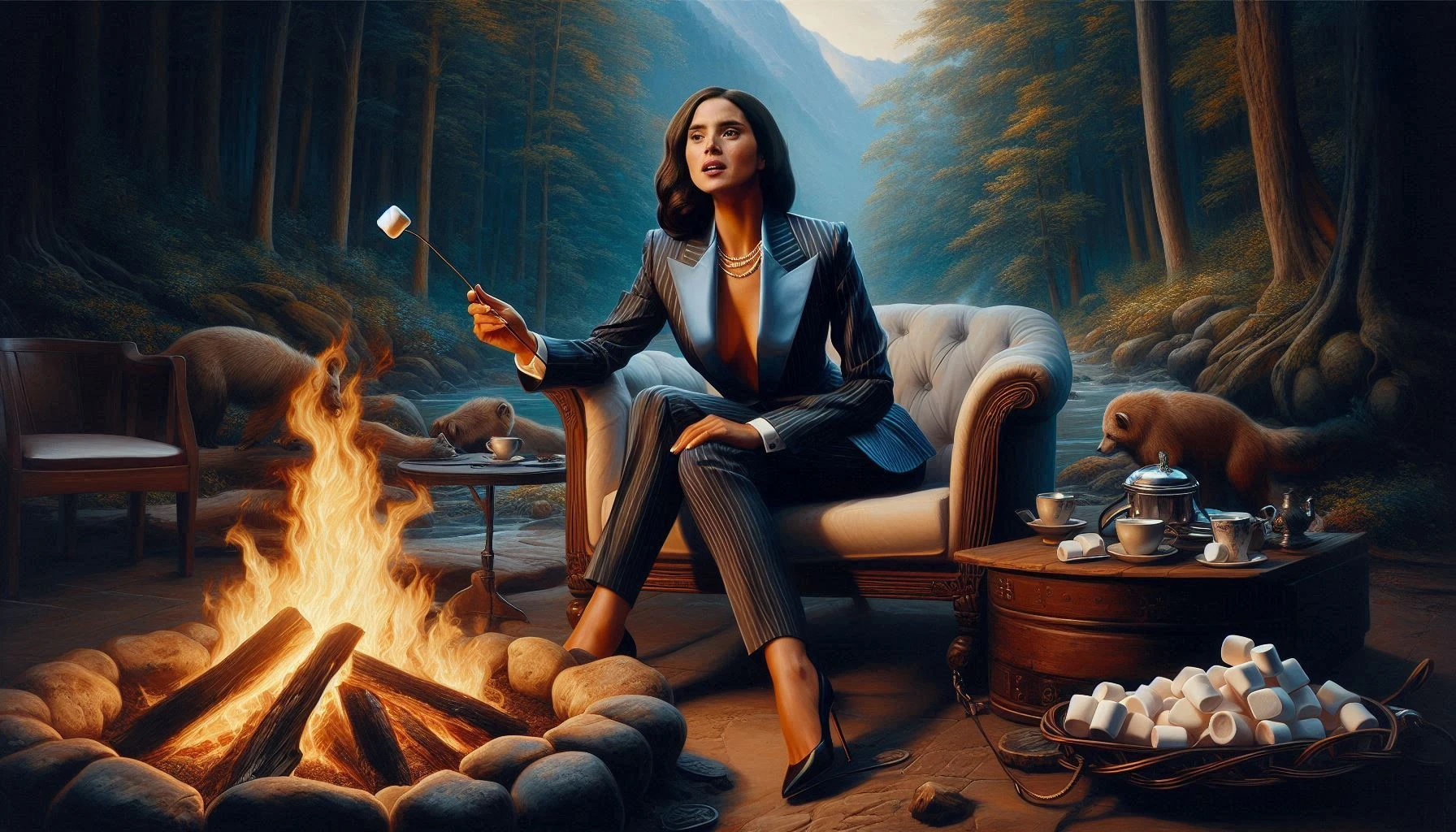 Woman in suit sit around a campfire in a wilderness setting