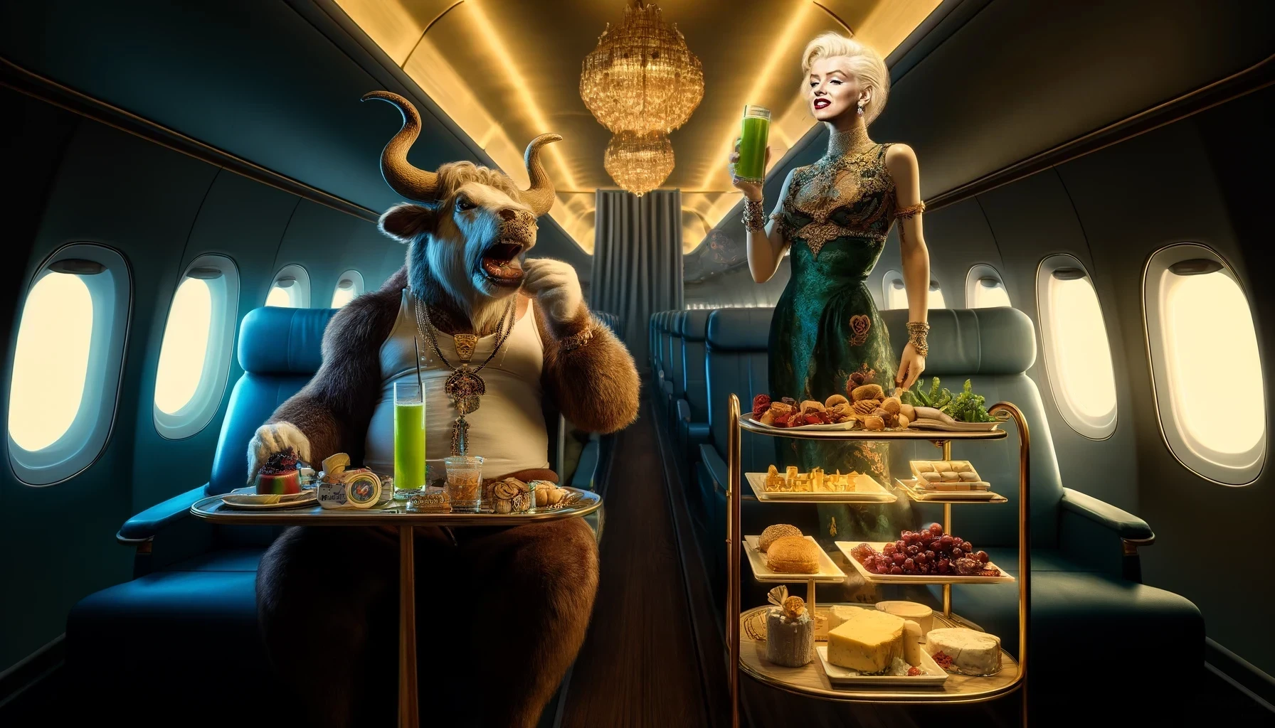 Taurus bull with Libra woman eat food in a luxurious airplane