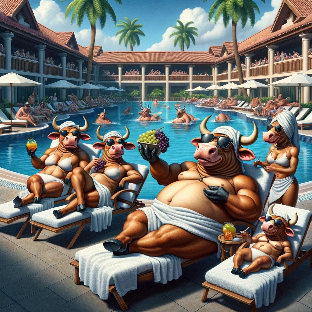 Taurus cows relaxing in a luxurious all-inclusive resort near pool