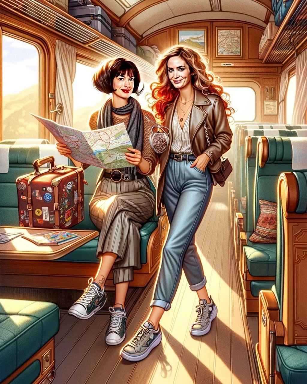 Two girlfriends are traveling on a train