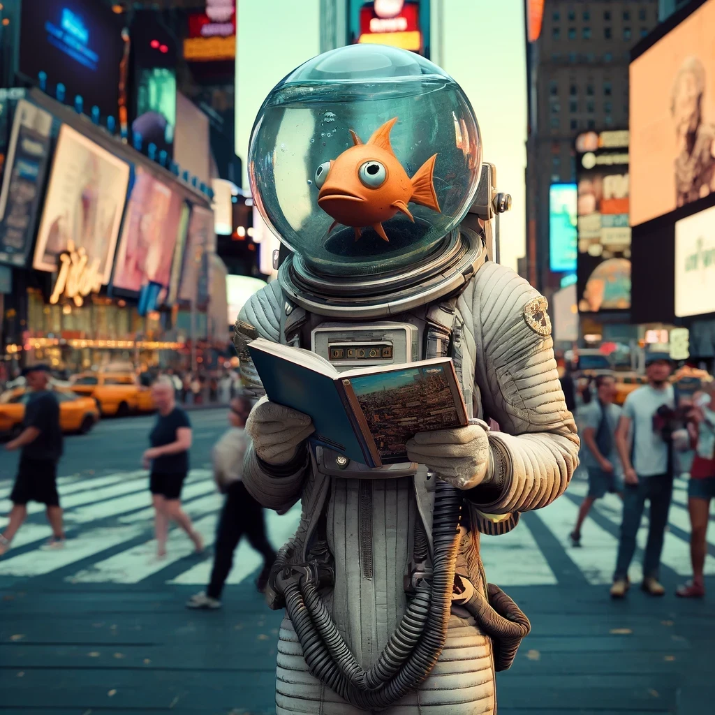 Aquarius, dressed in a spacesuit with a fishbowl helmet, stands awkwardly in Times Square, New York City