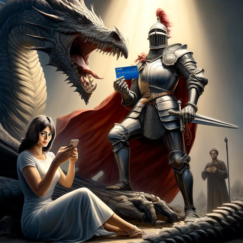 A knight against a dragon holding a credit card with a damsel 