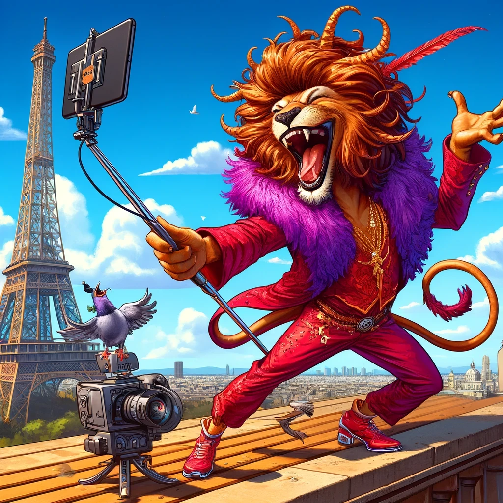 Leo perched on top of the Eiffel Tower, holding a giant selfie stick