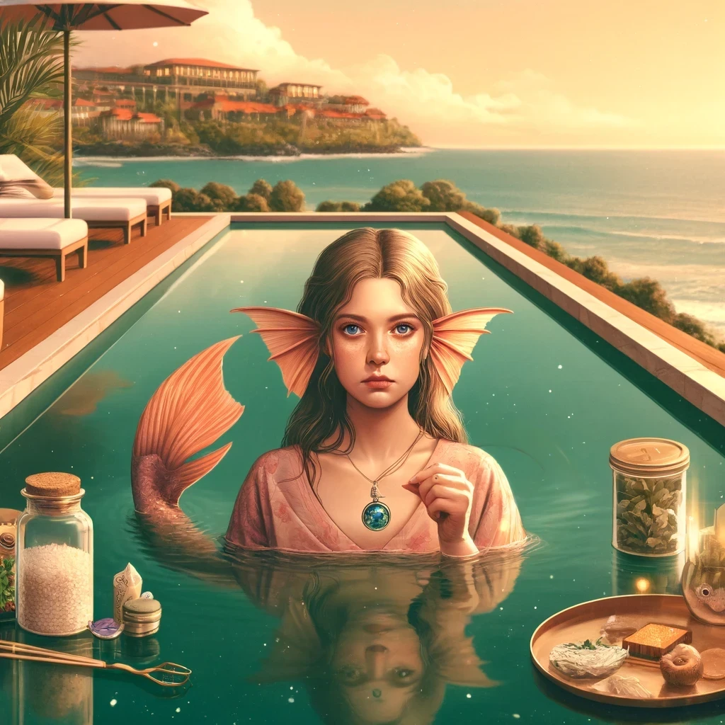 Pisces woman with a fish tail chill in pool with ocean view