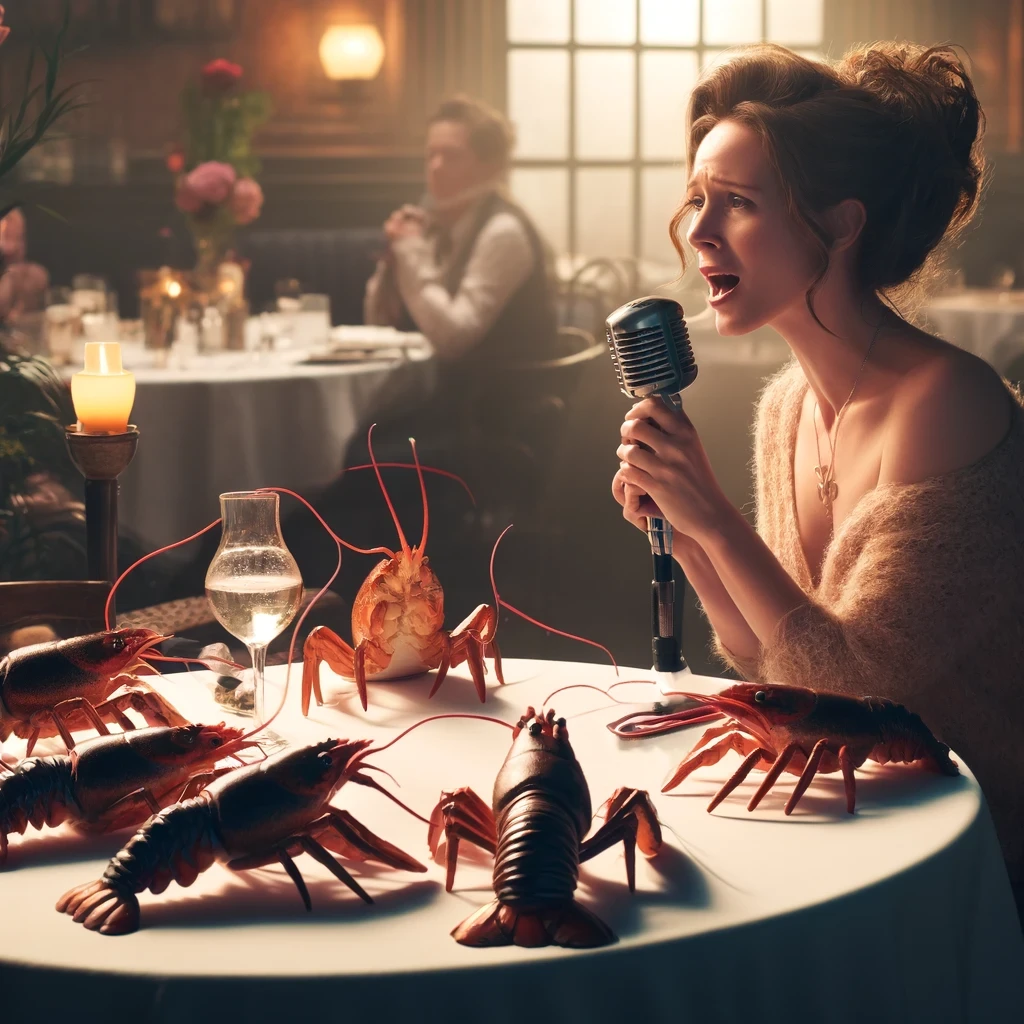 Scorpio woman sing to lobsters at restaurant