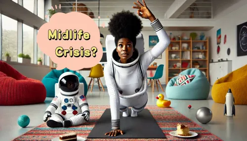 Midlife Crisis? Yoga pose of Black mom in astronaut suit