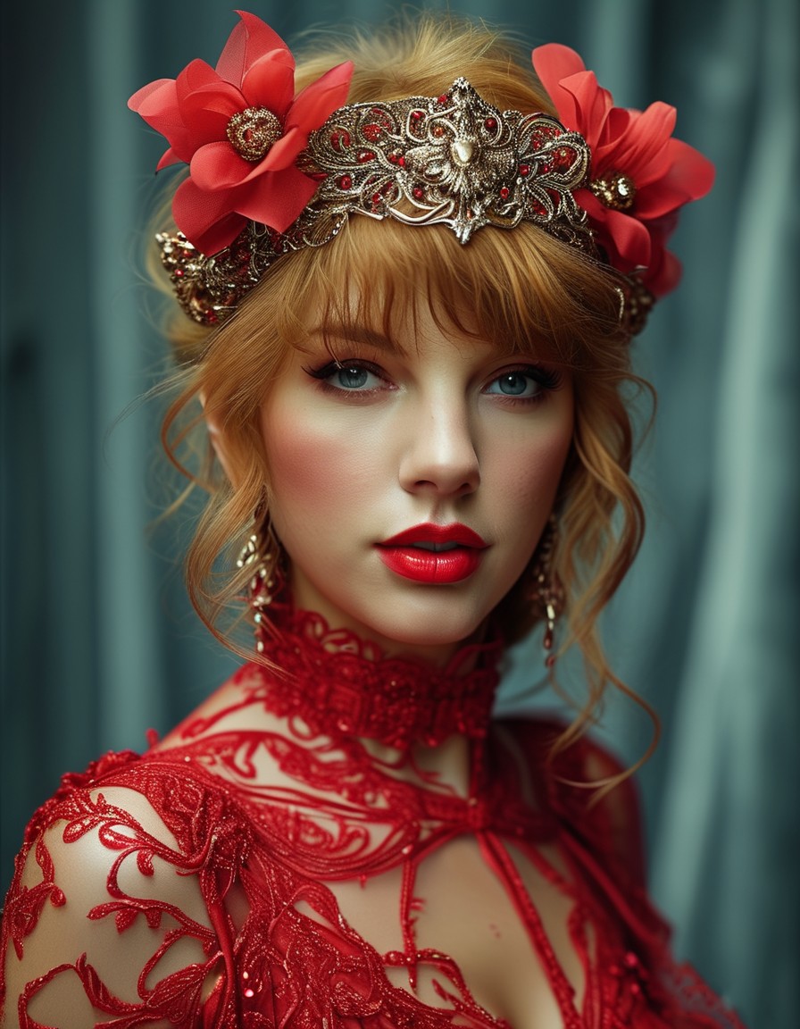 Taylor Swift Kpop idol in a all red sleek futuristic outfit
