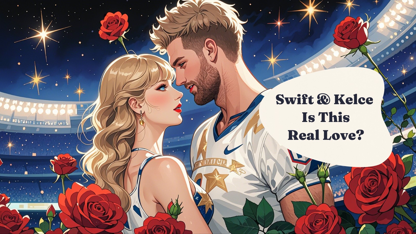 Cartoon Taylor Swift and Travis Kelce at stadium