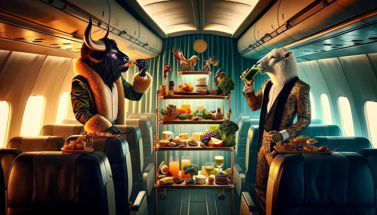 Taurus bull and Aquarius eat in a luxurious airplane