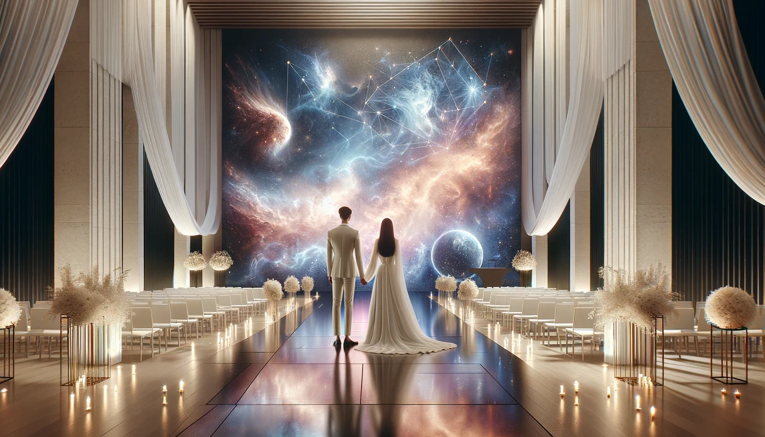 An image of a sleek, minimalist wedding ceremony with ethereal, cosmic projections cascading down the walls, showcasing the couple's astrological signs.