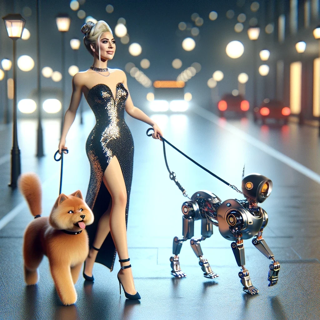 A woman in an evening dress and high heels walks with a robot dog