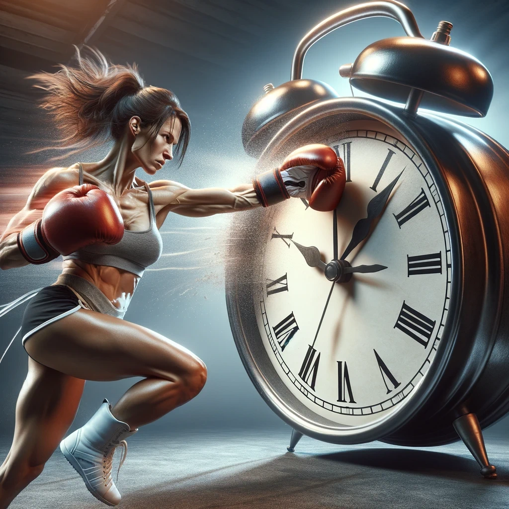 Woman with boxing gloves on punching a giant alarm clock